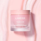 Pink Laneige Bouncy & Firm Sleeping Mask jar with smooth creamy texture background