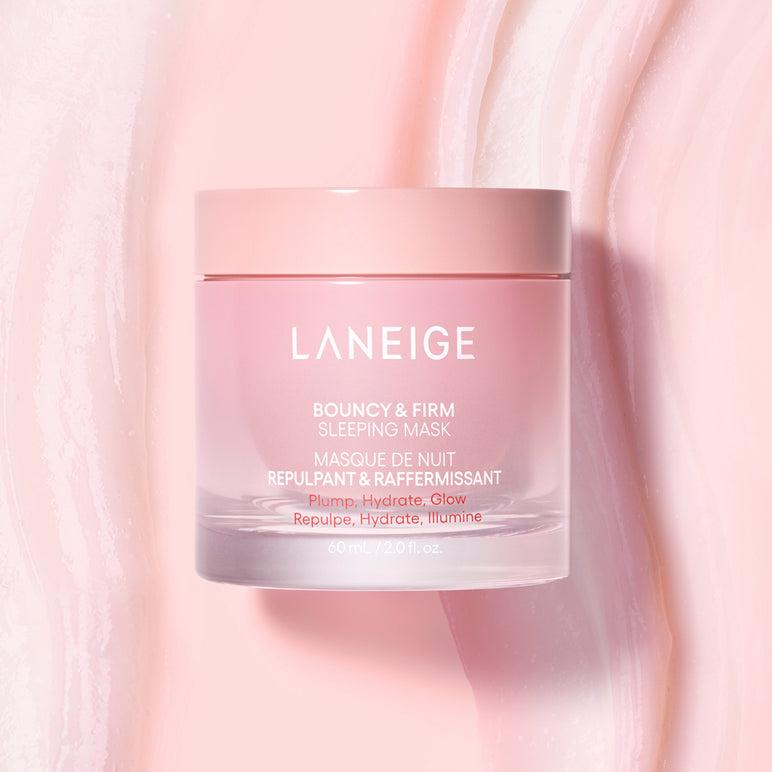 Pink Laneige Bouncy & Firm Sleeping Mask jar with smooth creamy texture background
