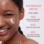 Bouncy & Firm Sleeping Mask applied on woman's cheek showing skin firming and softening results after 4 weeks